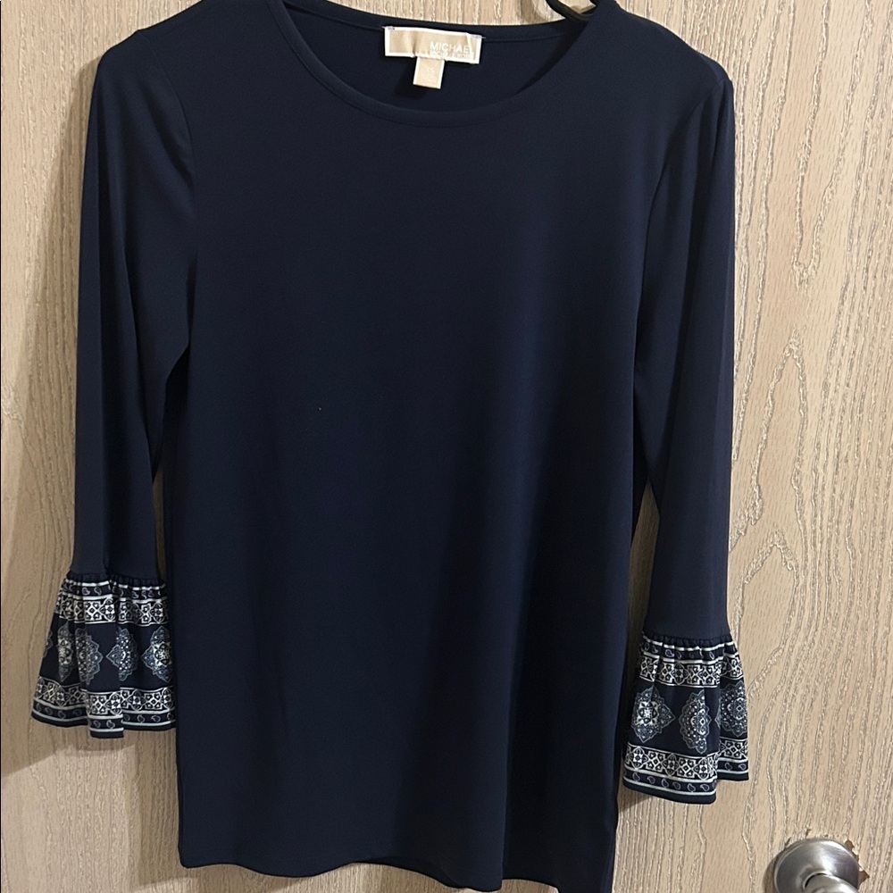 MSK Navy Blouse with Patterned Bell Sleeves